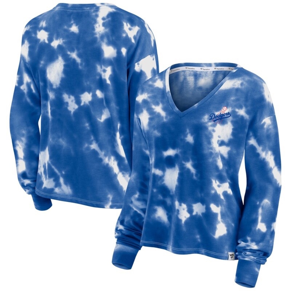 Los Angeles Dodgers FanaticsWomen's Tie-Dye V-Neck Pullover White/Royal XL